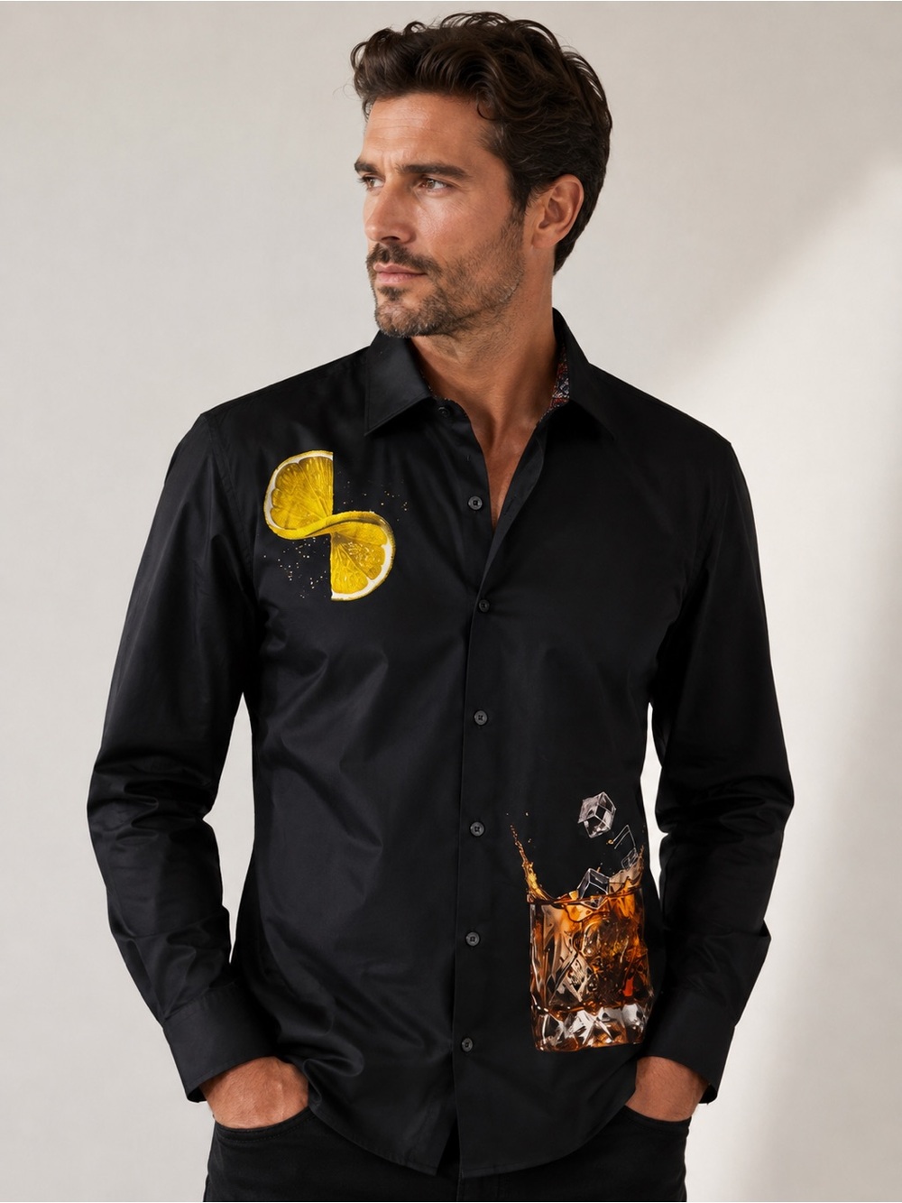 Robert Graham Black Lemon Twist Whiskey Rocks Graphic Button Up Shirt NWT